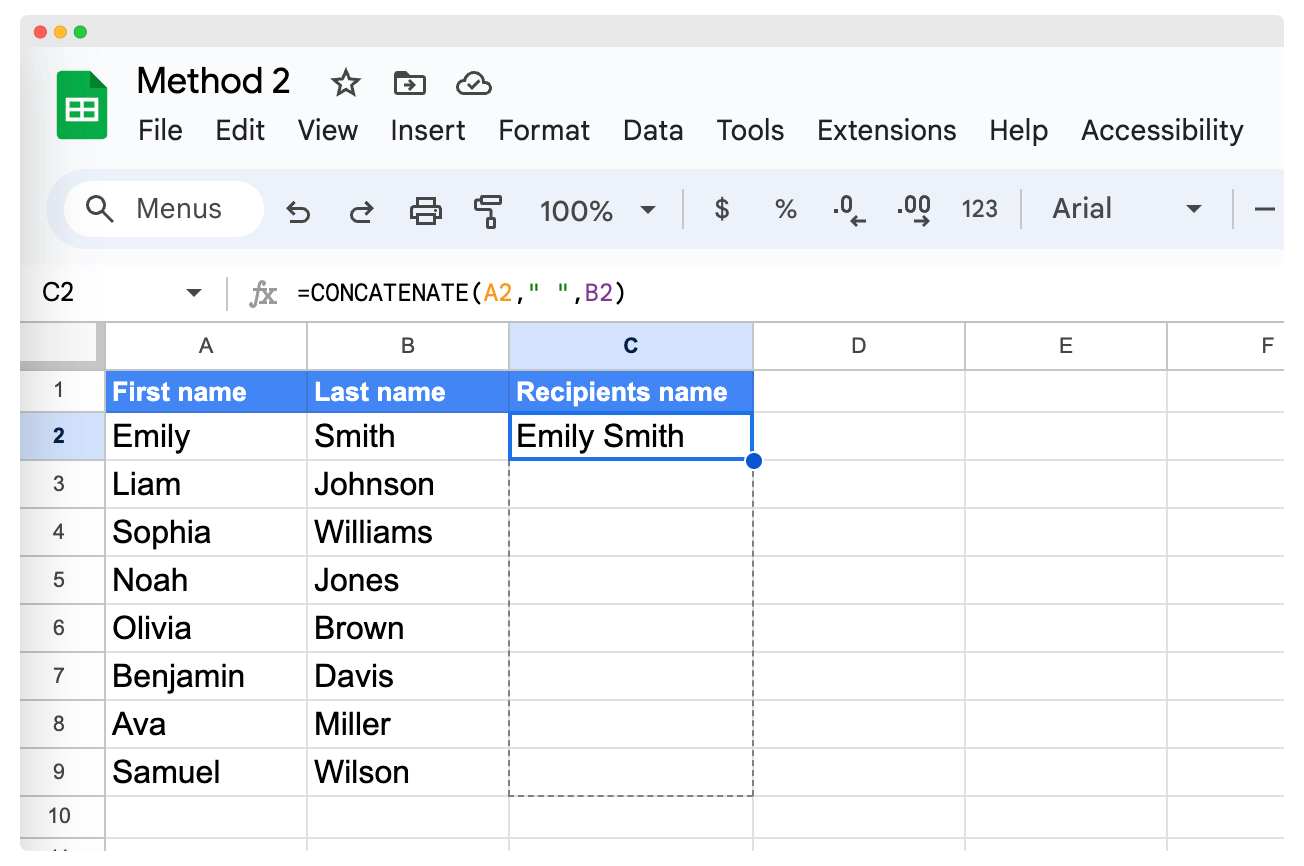 Dragging the CONCATENATE formula down to combine first and last name in Google Sheets.