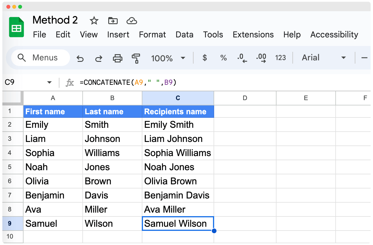 The result of CONCATENATE funtion to combine first and last name in Google Sheets.