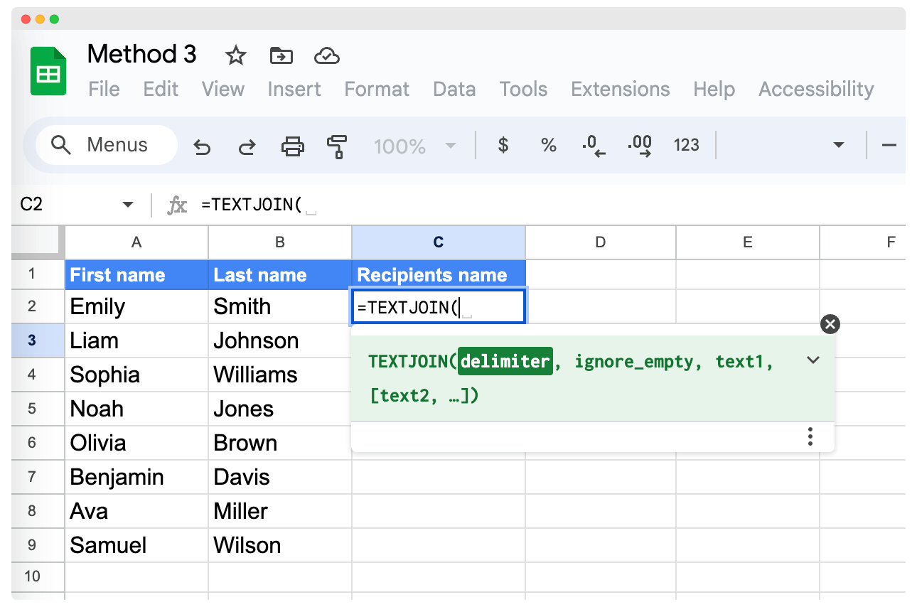 Typing the TEXTJOIN formula to combine first and last name in Google Sheets.