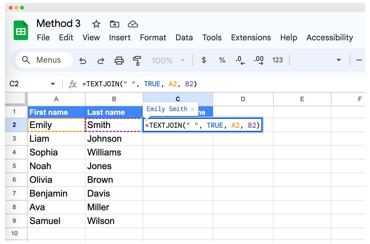 The TEXTJOIN formula to combine first and last name in Google Sheets.