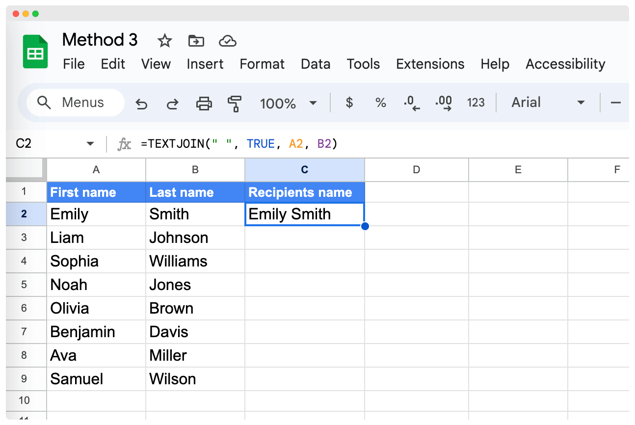 Entering the TEXTJOIN formula to combine first and last name in Google Sheets.