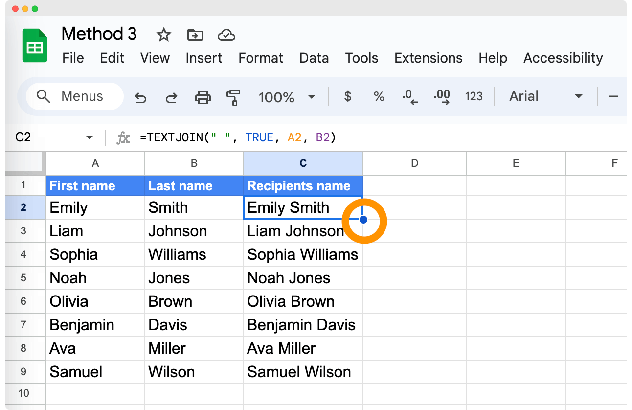 Extending the TEXTJOIN formula through cells to combine first and last name in Google Sheets.