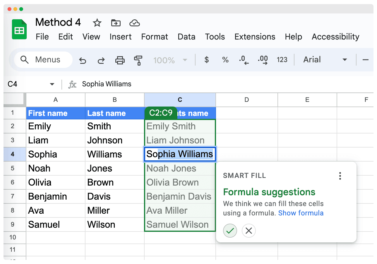 Google Sheets Smart Fill feature to combine first and last name in Google Sheets.