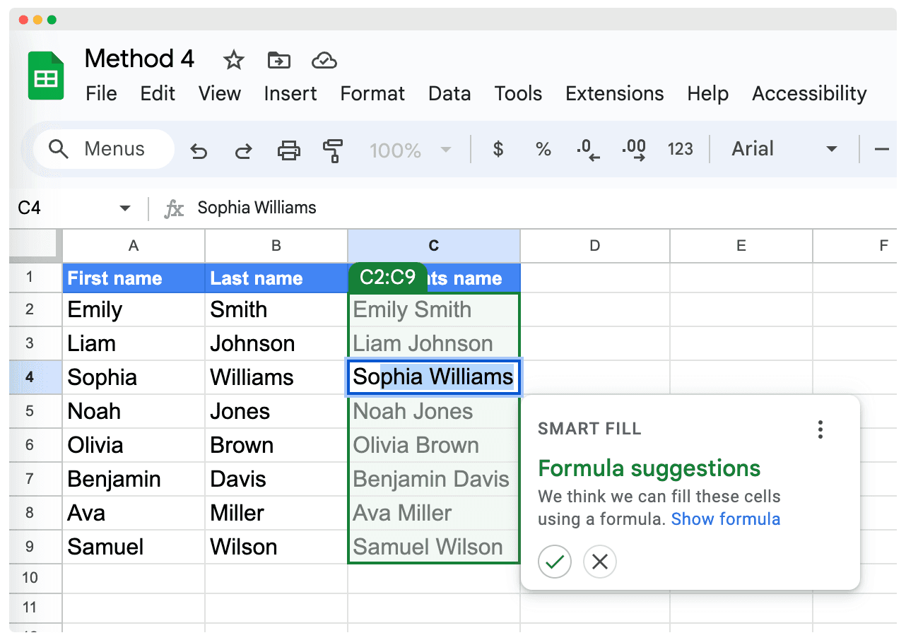 Accepting Google Sheets Smart Fill feature to combine first and last name in Google Sheets.