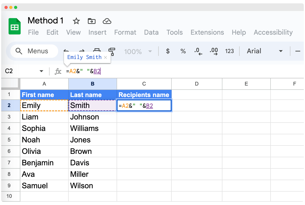 Typing the formula of the & operator method to combine first and last name in Google Sheets.