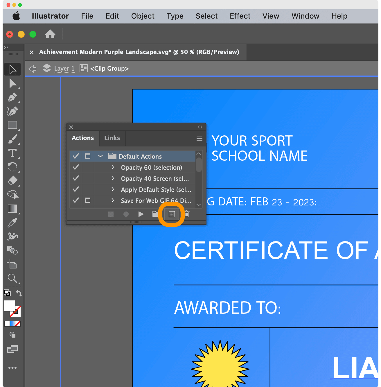 Recording new action in Adobe Illustrator to generate certificates in bulk.