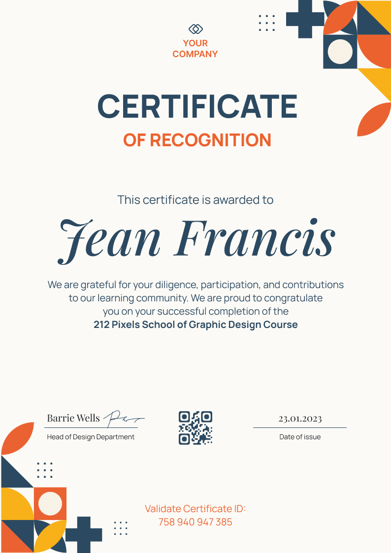 Contemporary and chic recognition certificate template