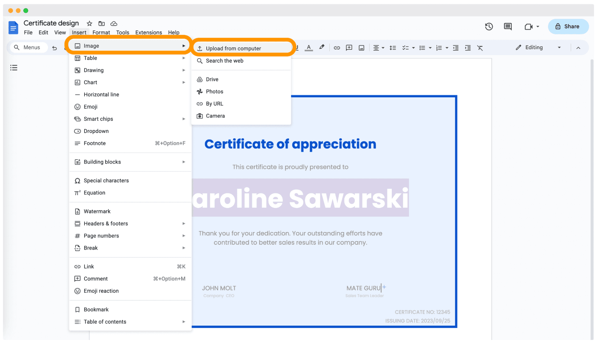 Adding signatures in Google Docs.