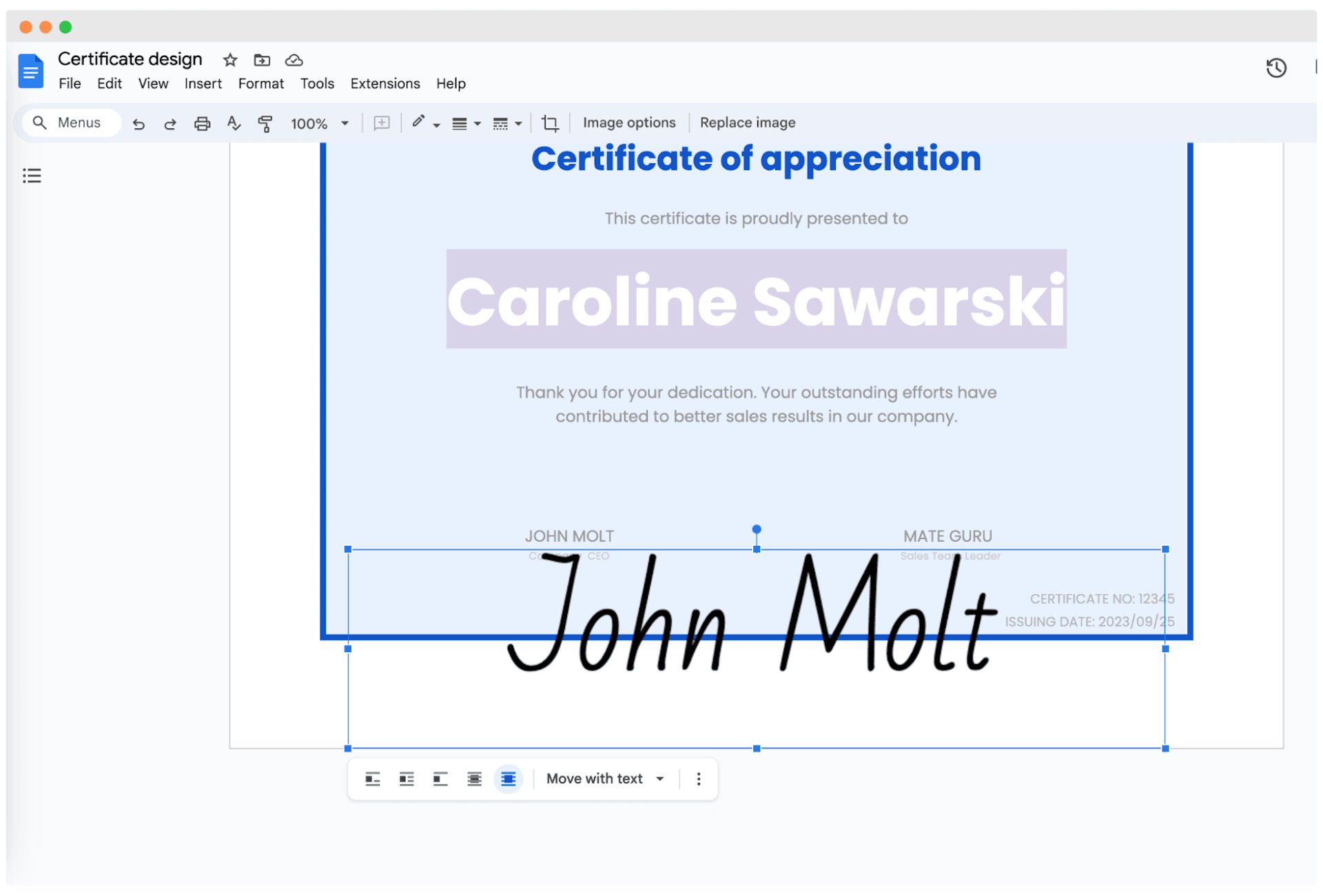 Adding the signature on certificate as image in Google Docs.