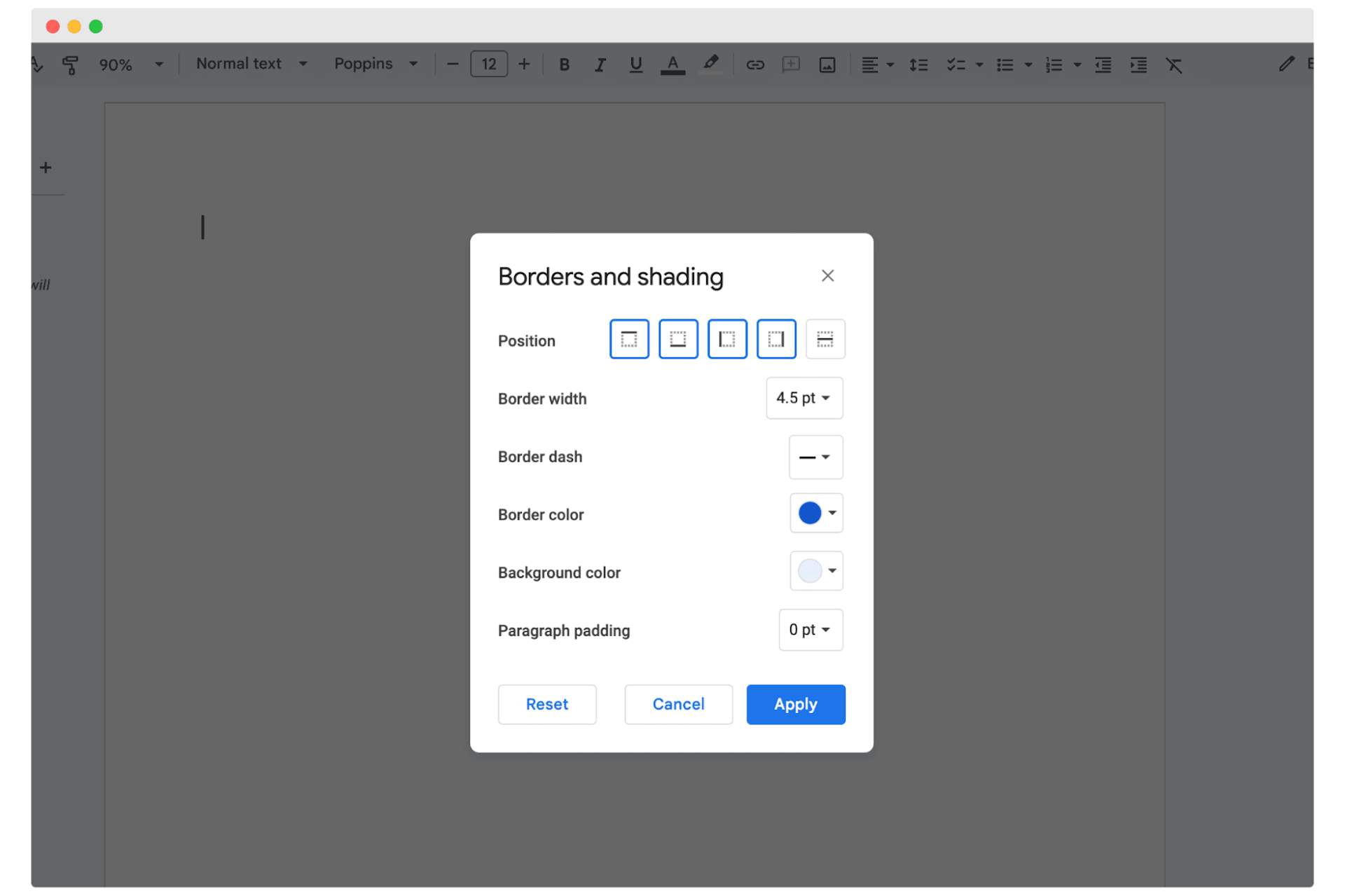 Borders and shading window in Google Docs.