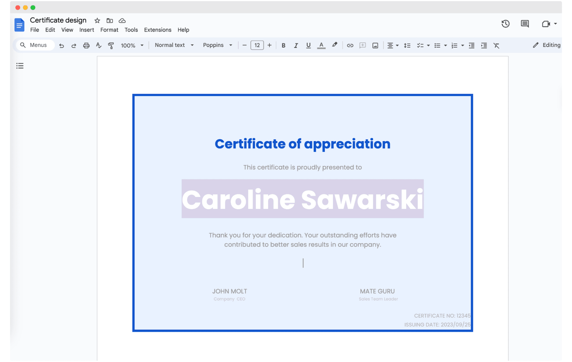 Filling out the certificate with content in Google Docs.
