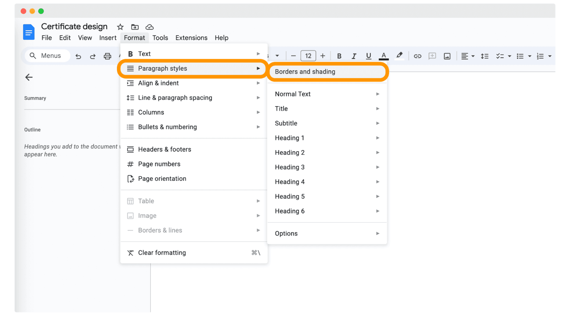 Choosing options to create certificate borders in Google Docs.