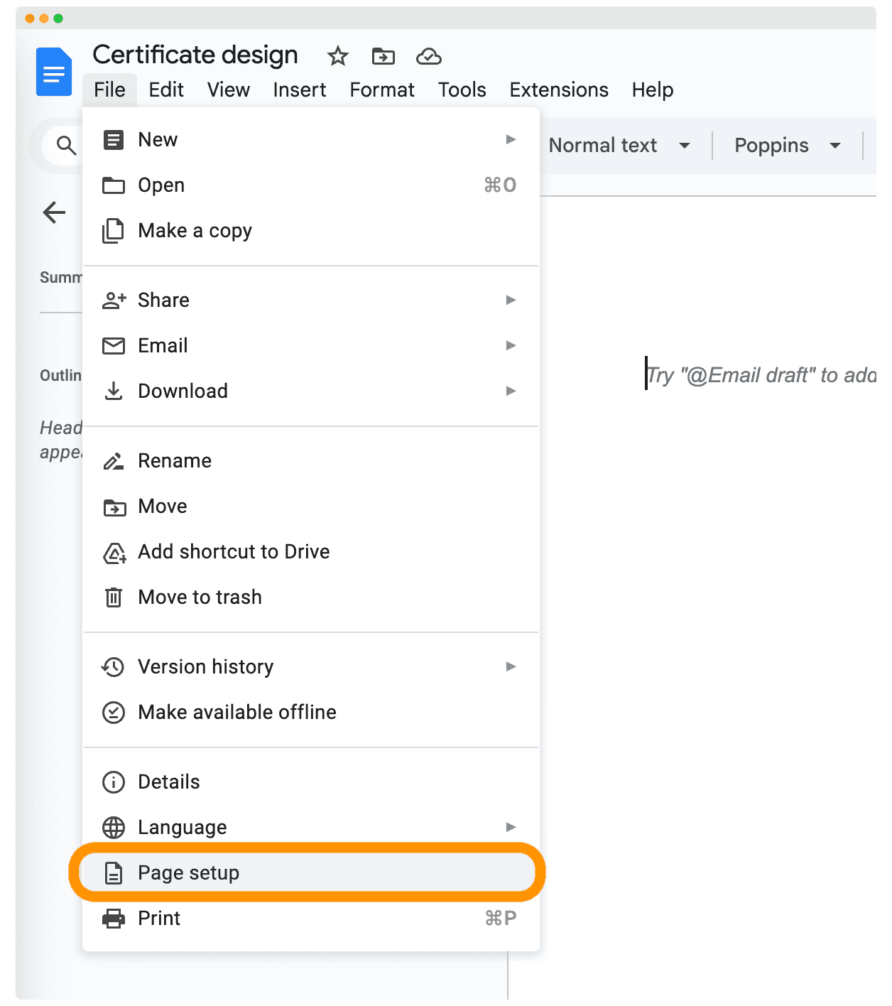 Choosing the page setup window.