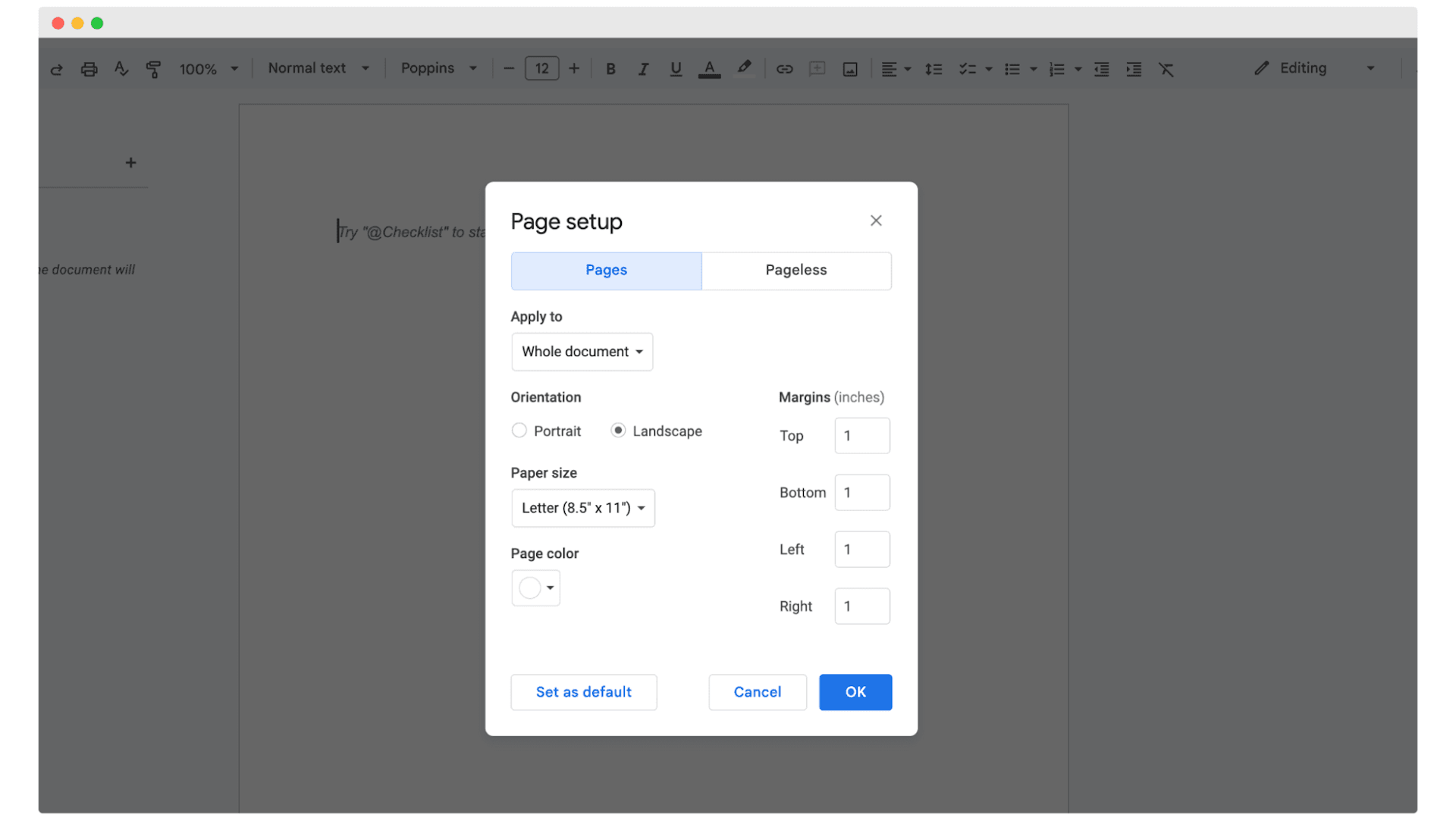 Page setup window in Google Docs as a step of tutorial that shows how to create certificates in Google Docs.