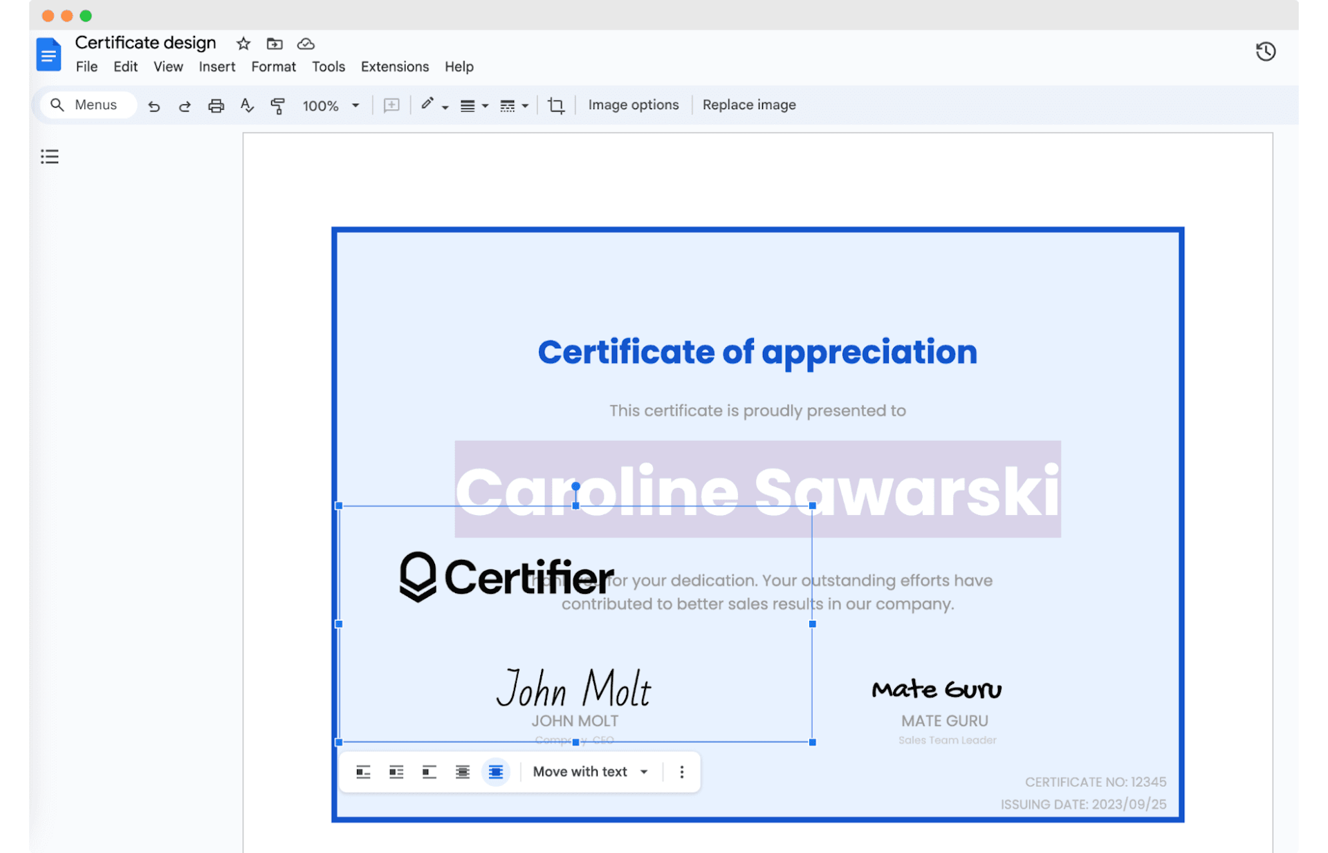 Positioning the certificate signature in Google Docs.