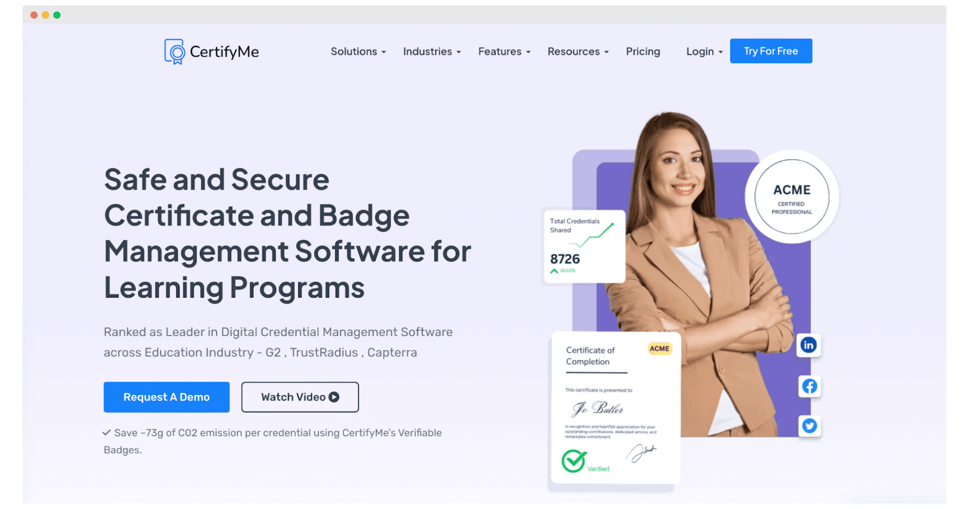 CertifyMe web page screen.