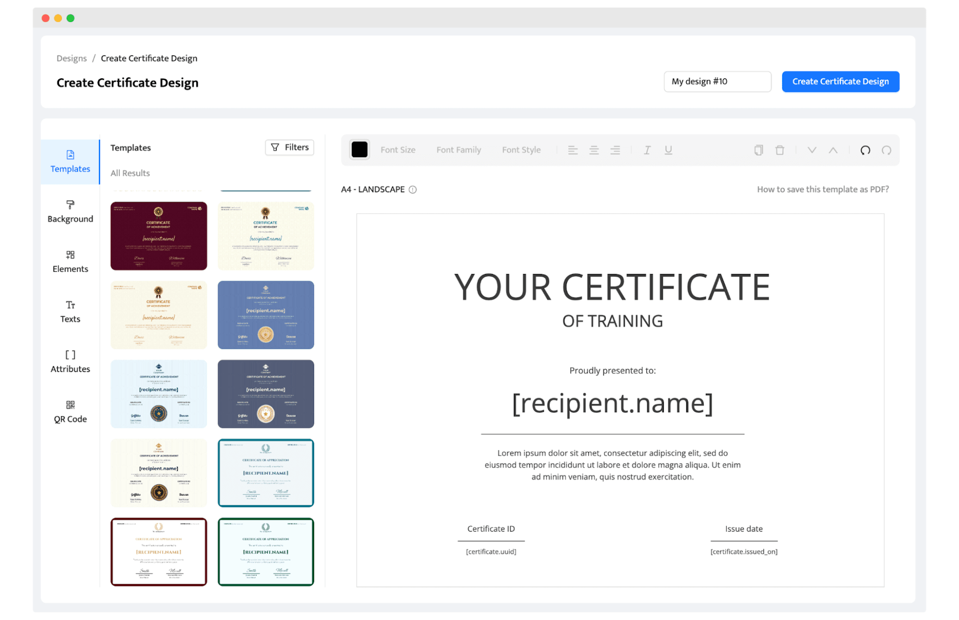 Blank certificate template in Certifier dashboard to create your own training certificate template.
