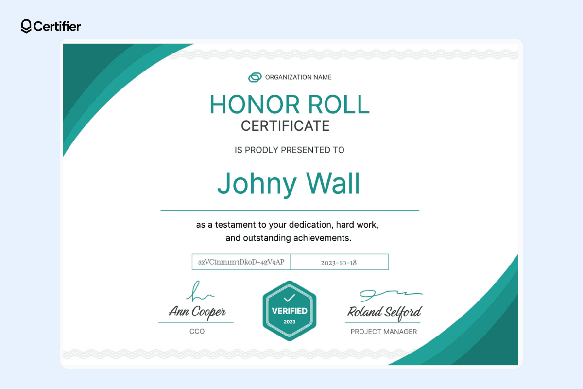 Free honor roll certificate template to download from Certifier library.