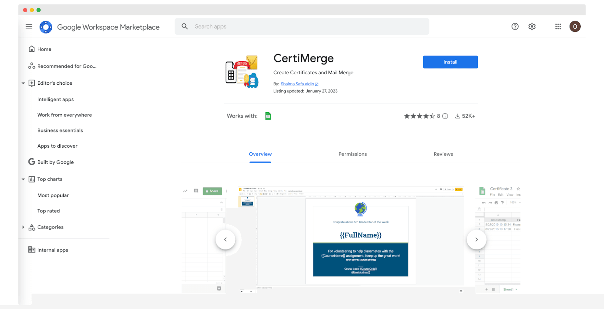 CertiMerge Google certificate creator for mail merge.