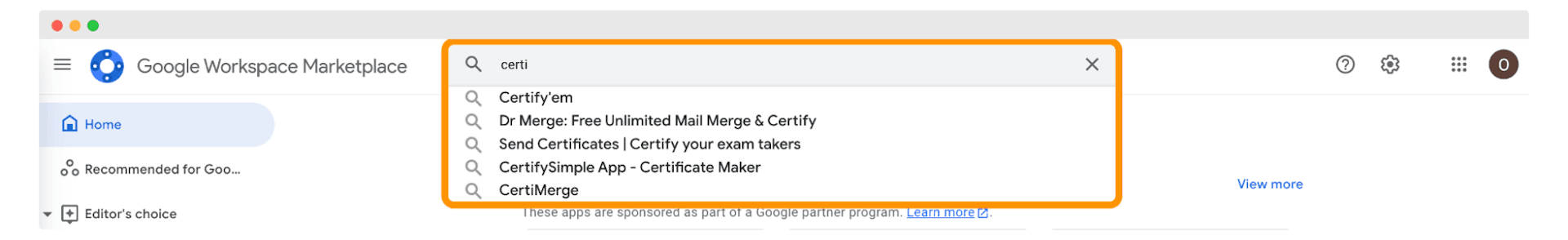 Searching for certificate maker plugin on Google Workspace Marketplace.