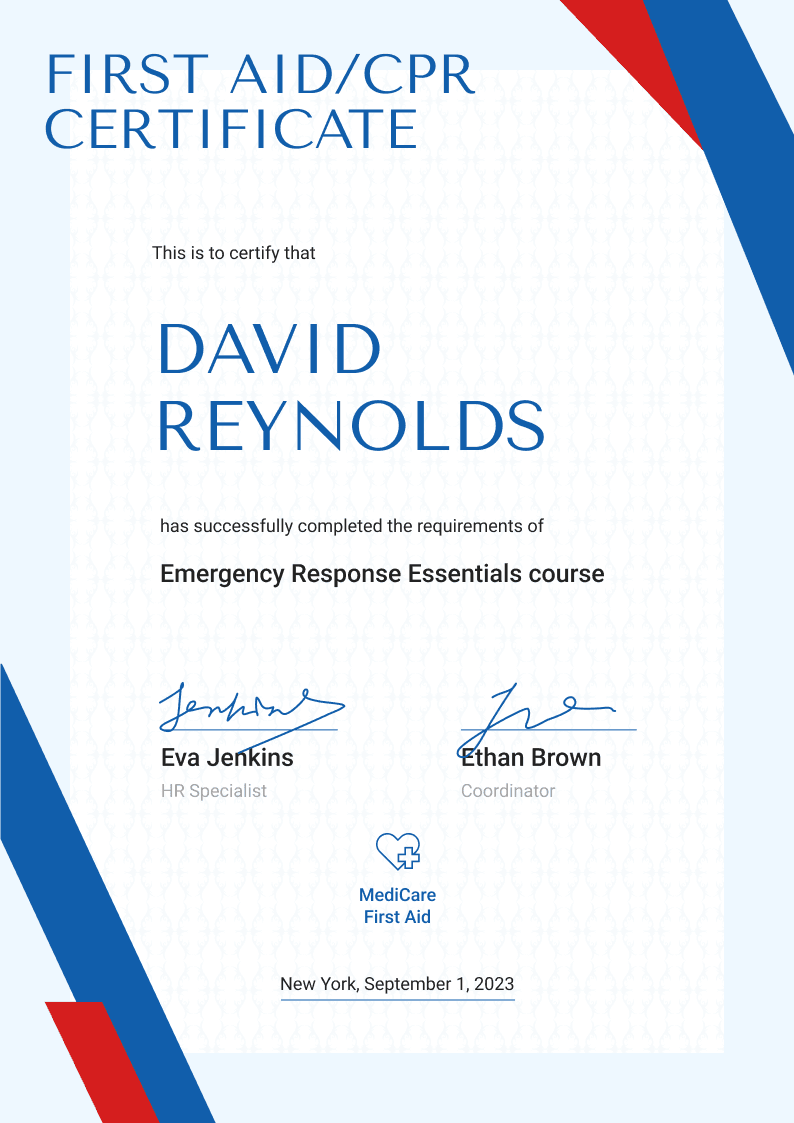 Professional and framed first-aid and CPR certificate template Professional and framed first-aid and CPR certificate template