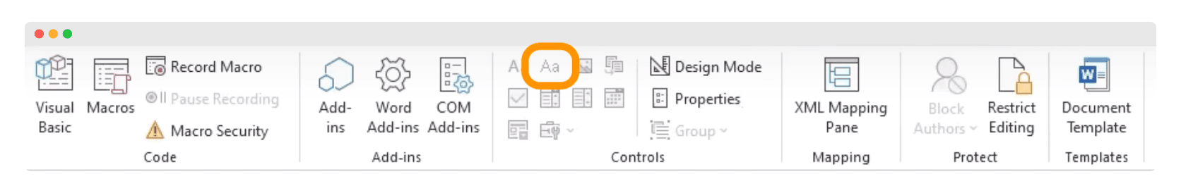 Plain text control icon in Microsoft Word.