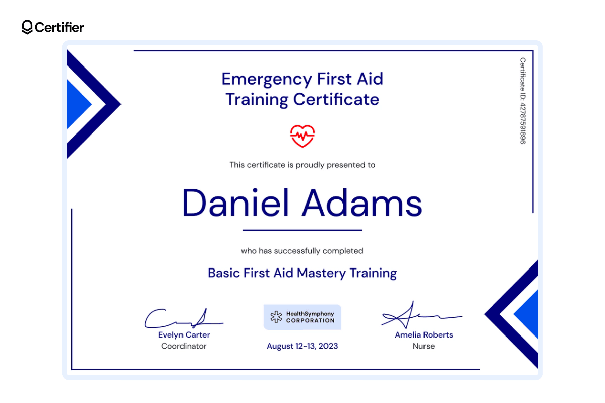 Example of certificate template for first aid trainers.