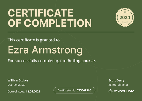 Minimalist and modern course completion certificate template landscape