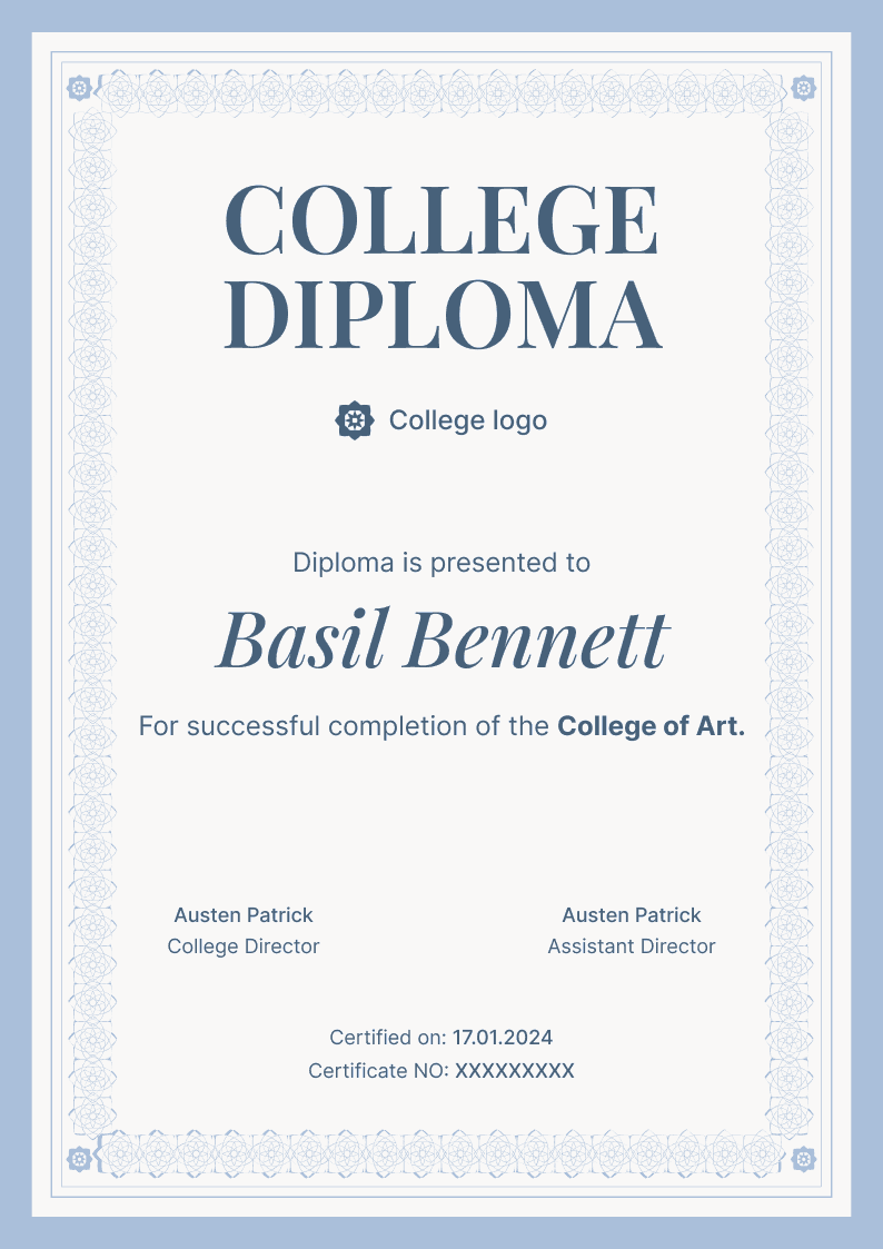 Traditional and formal college diploma template Traditional and formal college diploma template