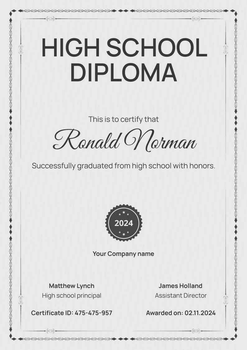 Formal and minimalist high school diploma certificate template Formal and minimalist high school diploma certificate template
