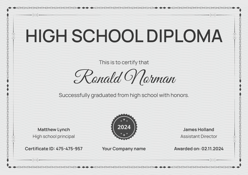 Formal and minimalist high school diploma certificate template landscape