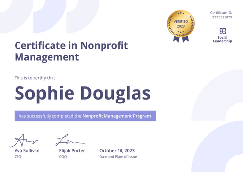 Subtle and professional nonprofit management certificate template landscape