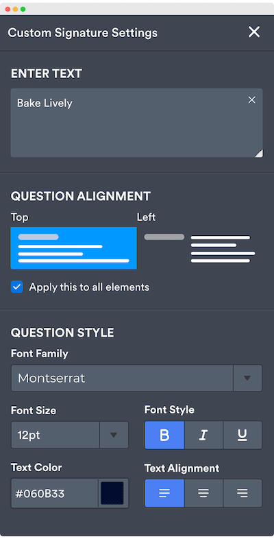 Jotform Sign settings menu to create e-signature.