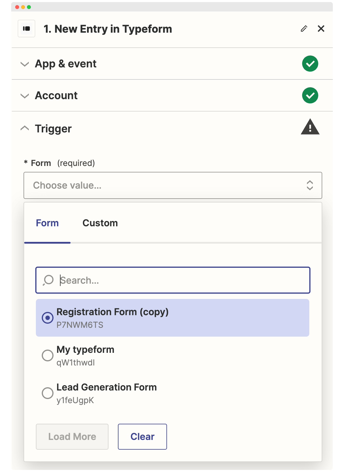 Setting up Trigger details in Zapier to connect Typeform surveys.