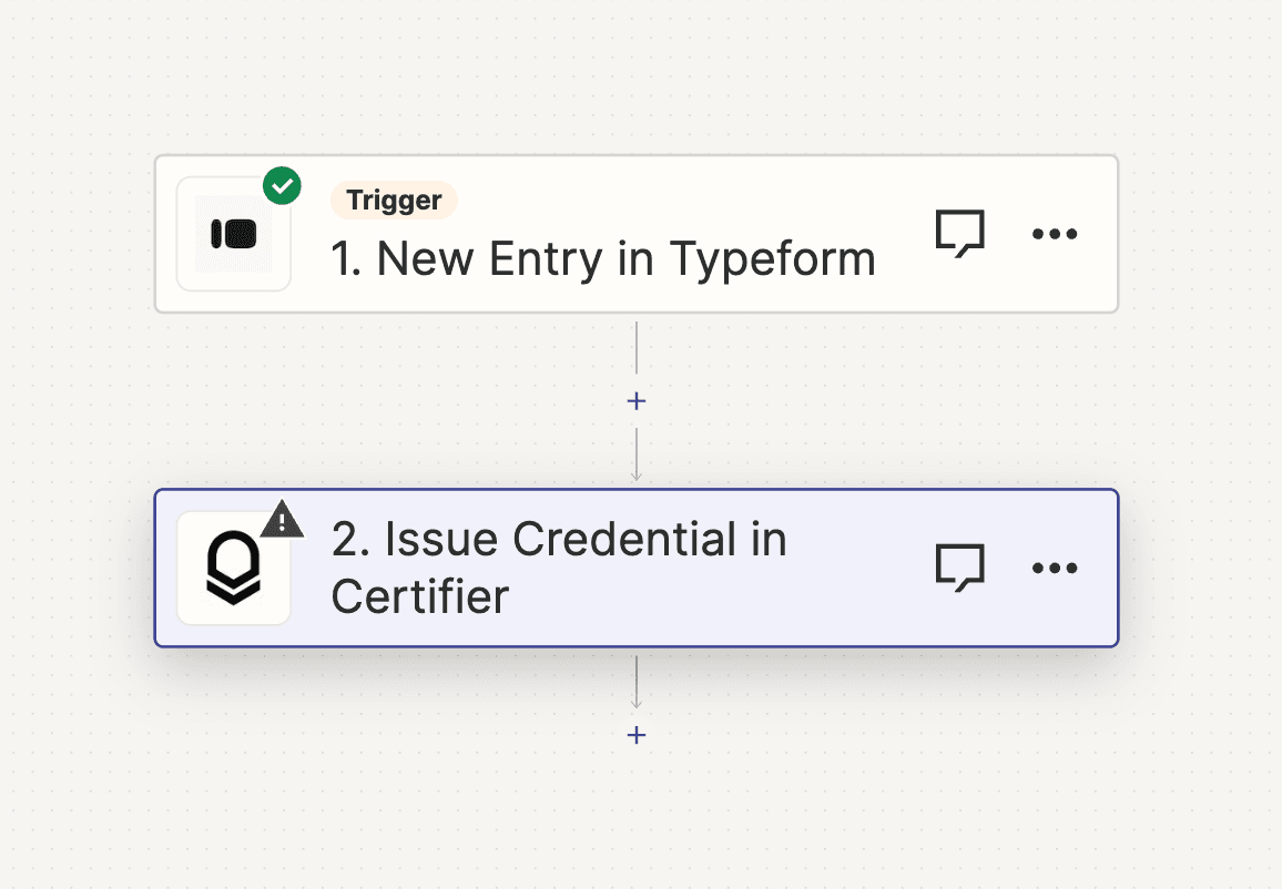 Zap sample, Certifier and Typeform integration to generate certificates automatically.