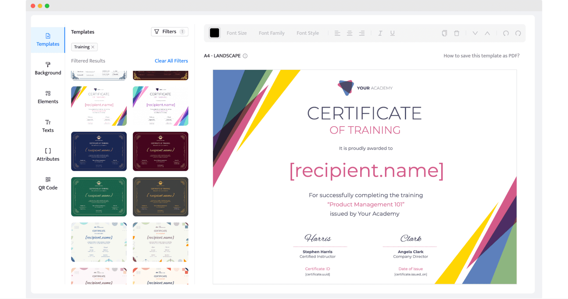 The example of designing a certificate template within the Certifier dashboard.