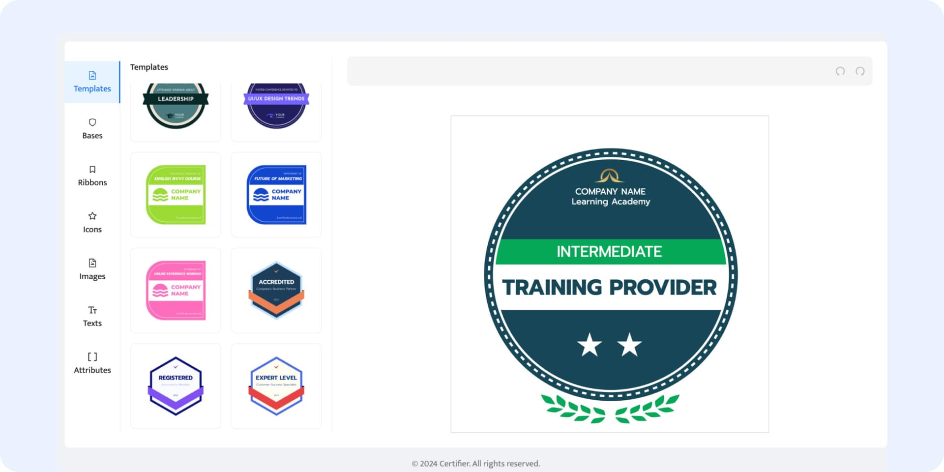 Choosing the badge template in the Certifier library.