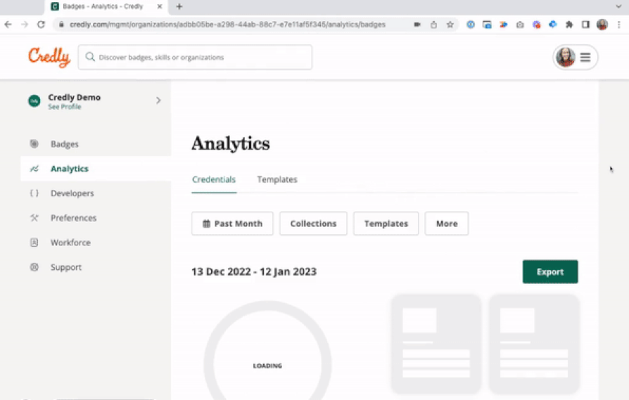 Credly analytics dashboard to manage credentials more easily.