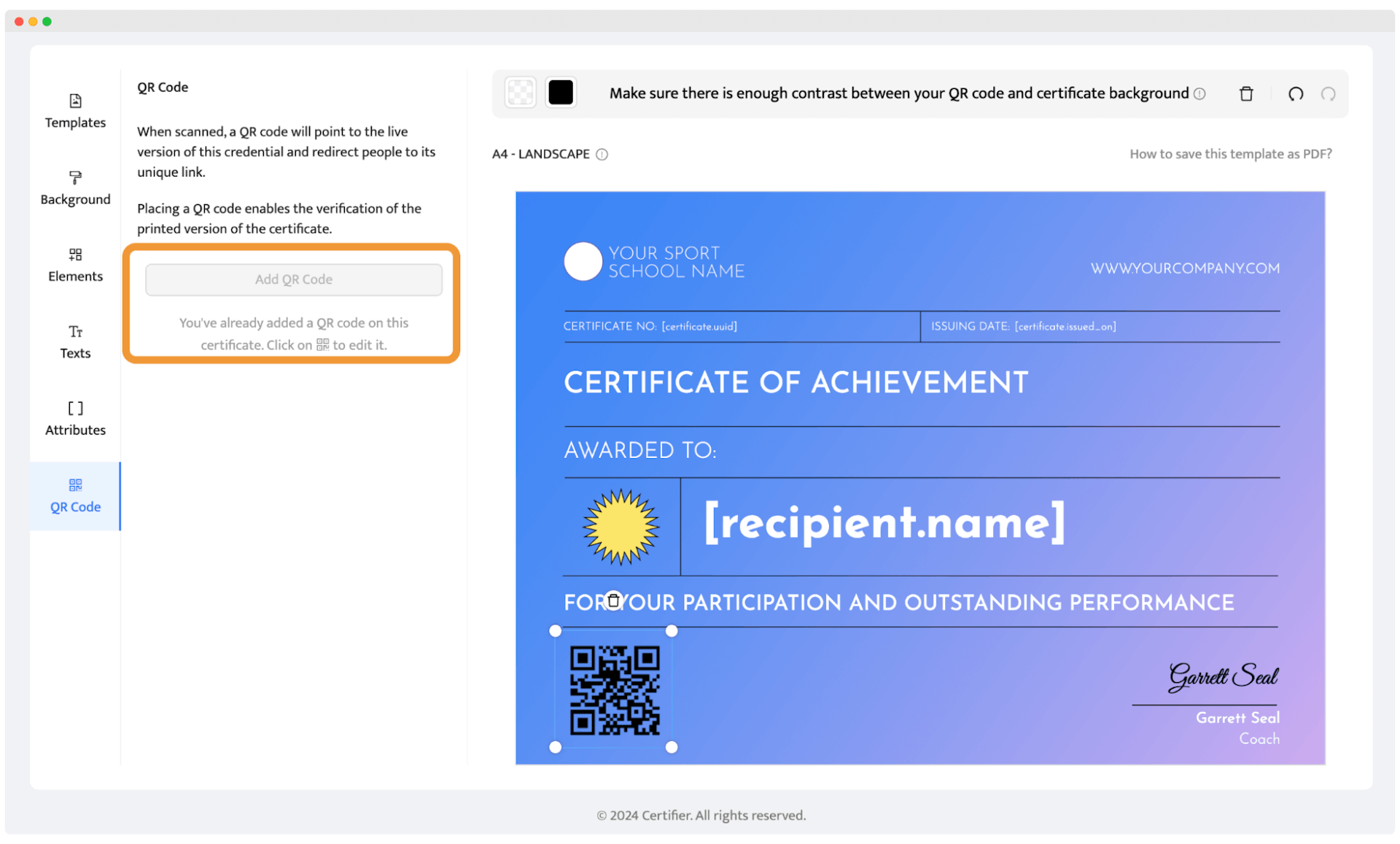 Adding QR code to the certificate via Certifier dashboard.