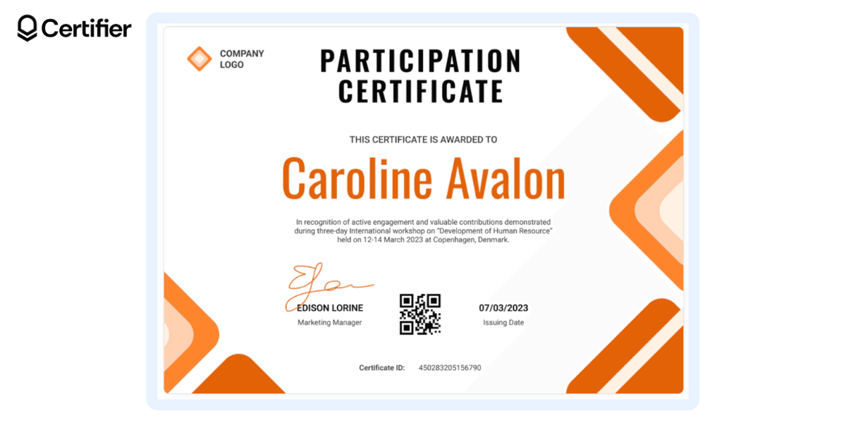 Orange modern certificate template with sharp design elements.