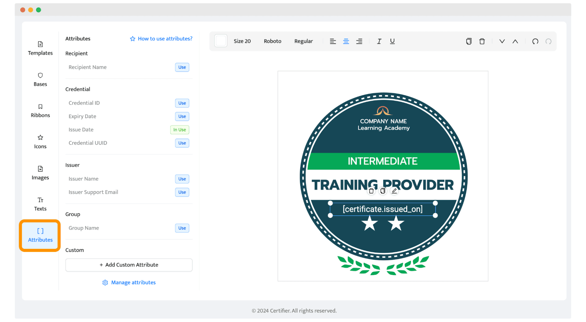 Adding dynamic attributes to the badge design within Certifier badge maker.