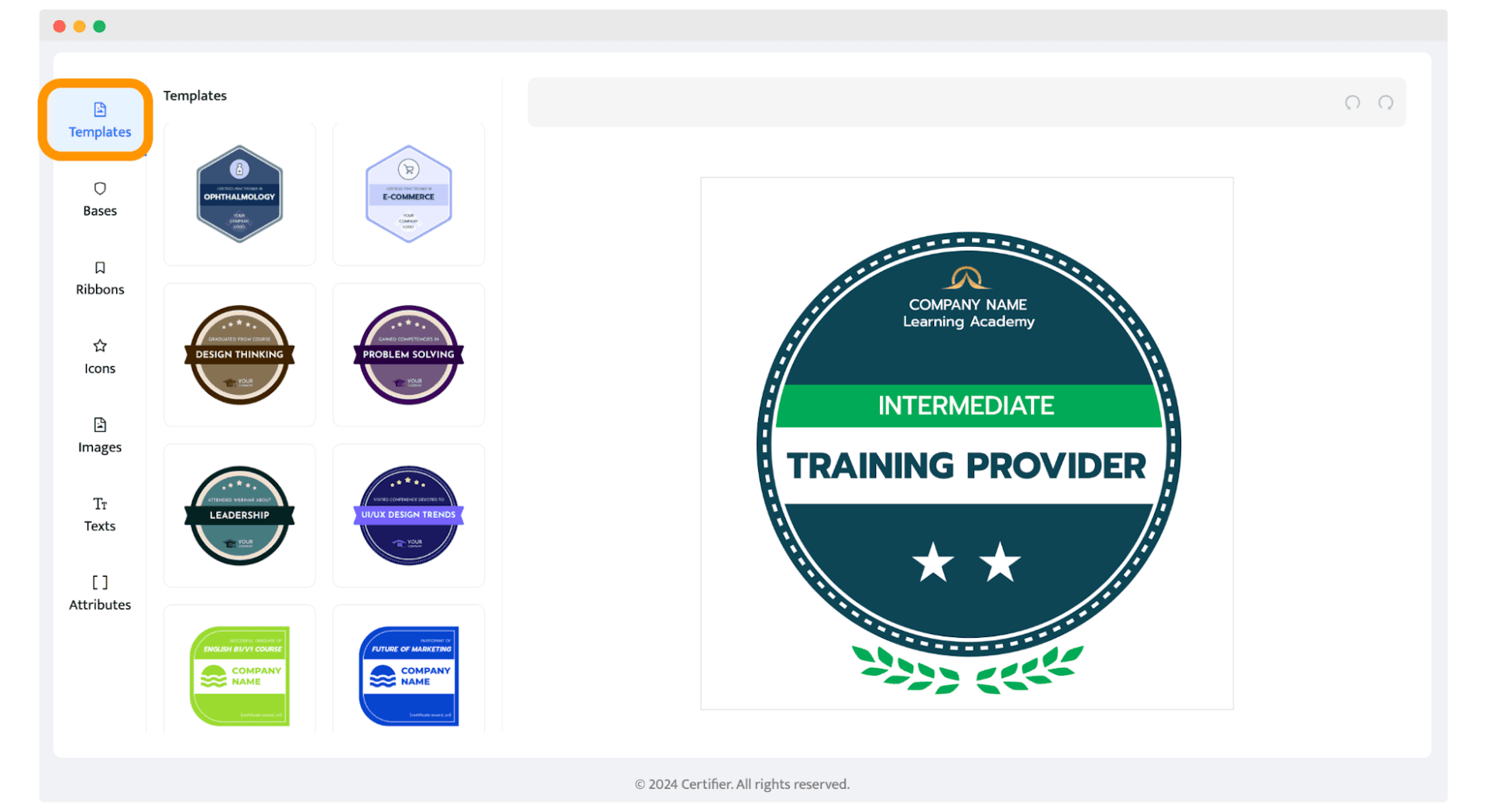 Templates tab within Certifier badge editor.