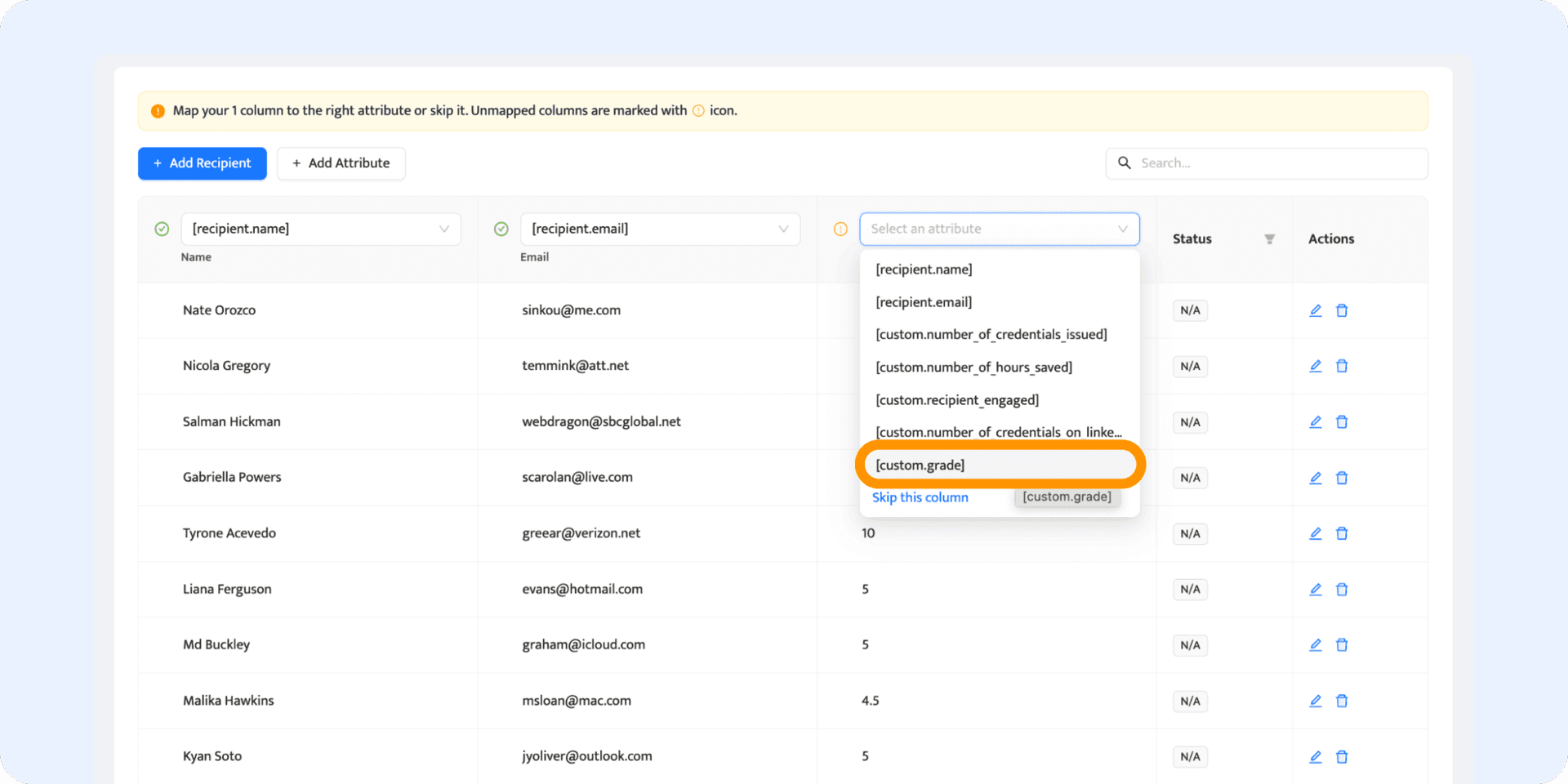 Mapping the certificate attributes with the spreadsheet data.