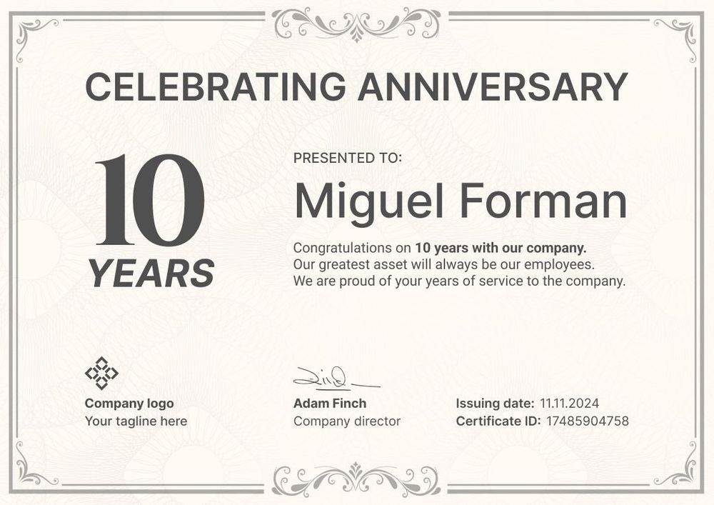 Simple and traditional work anniversary certificate template landscape Simple and traditional work anniversary certificate template landscape