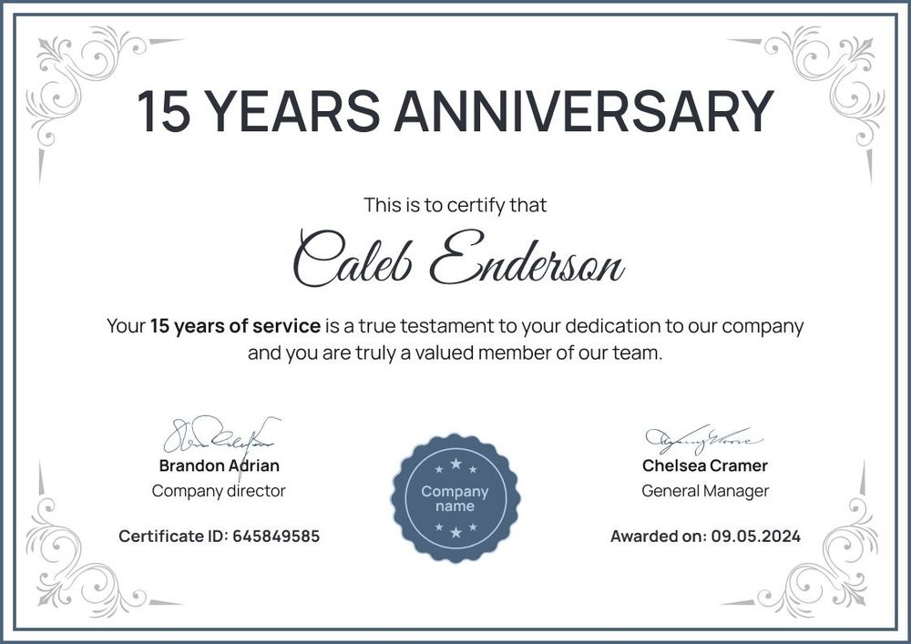 Formal and fancy work anniversary certificate template landscape Formal and fancy work anniversary certificate template landscape