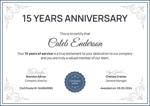 Formal and fancy work anniversary certificate template landscape Formal and fancy work anniversary certificate template landscape