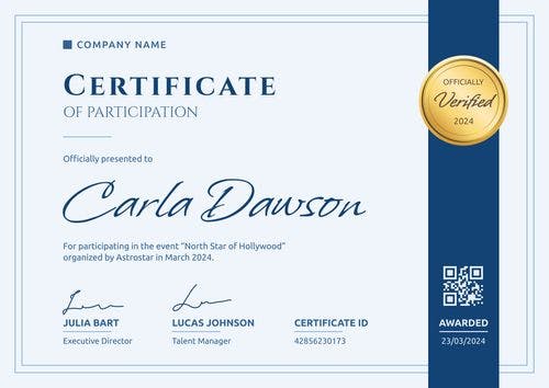 Classy and formal participation certificate template landscape