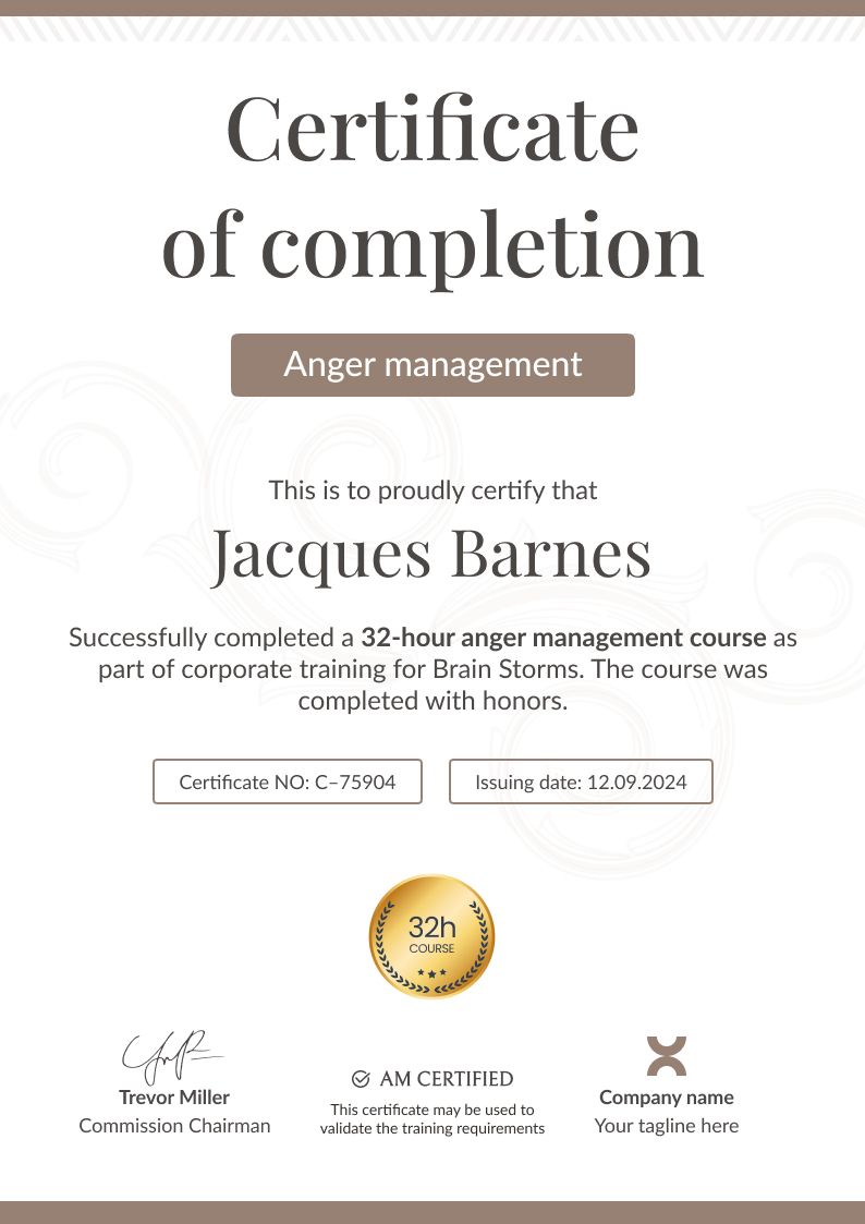 Subtle and formal anger management certificate template Subtle and formal anger management certificate template