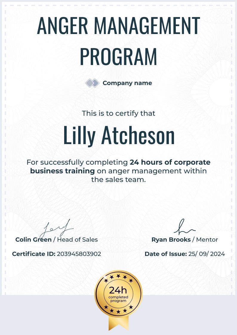 Printable and formal anger management certificate template Printable and formal anger management certificate template