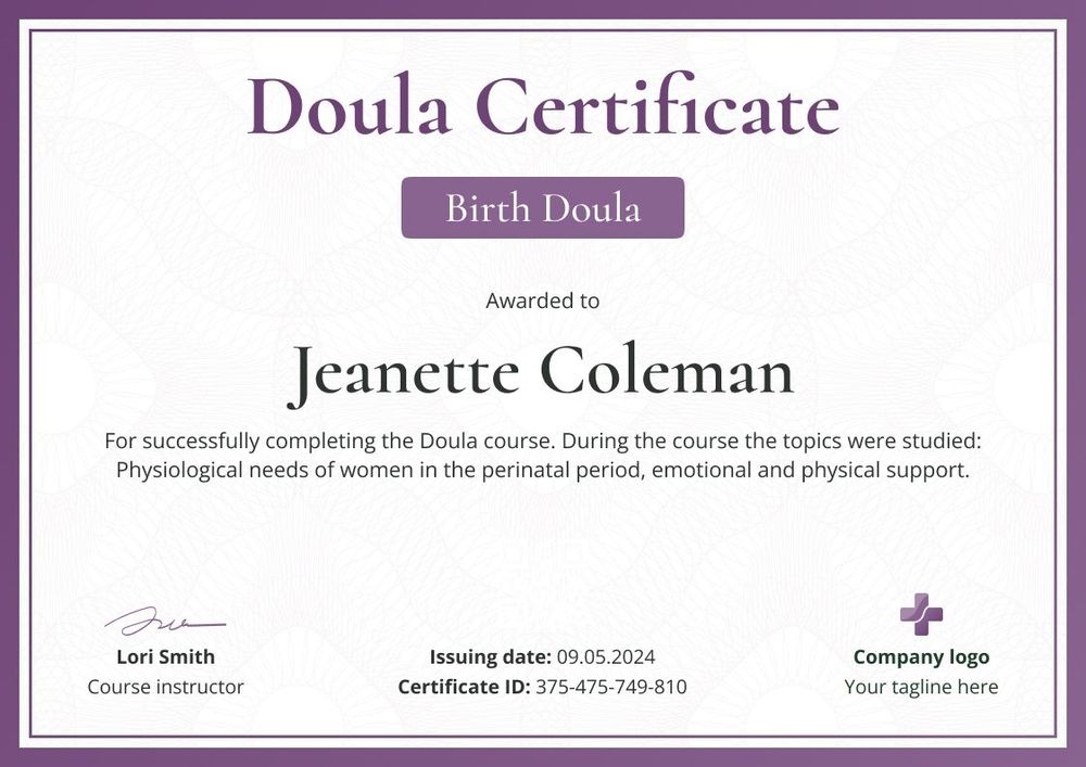 Chic and professional doula certificate template landscape Chic and professional doula certificate template landscape